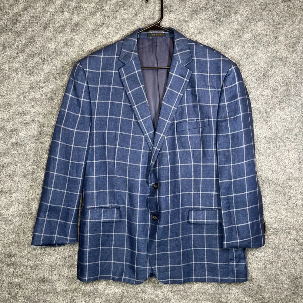 Lauren Ralph Lauren 46R Blue Windowpane 100% Linen Blazer Sport Coat